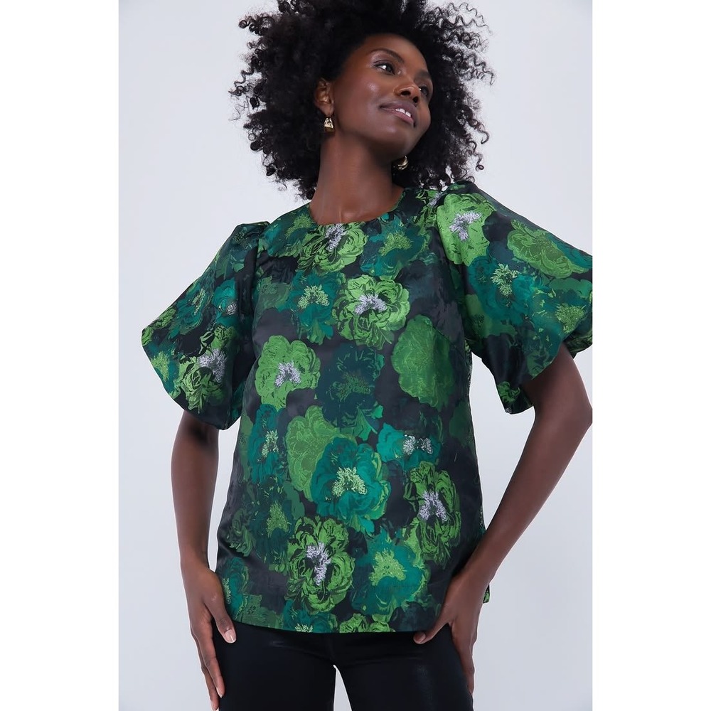 NWT TUCKERNUCK Pomander Place Green Jacquard Lyla Blouse Puff Sleeve Floral Med